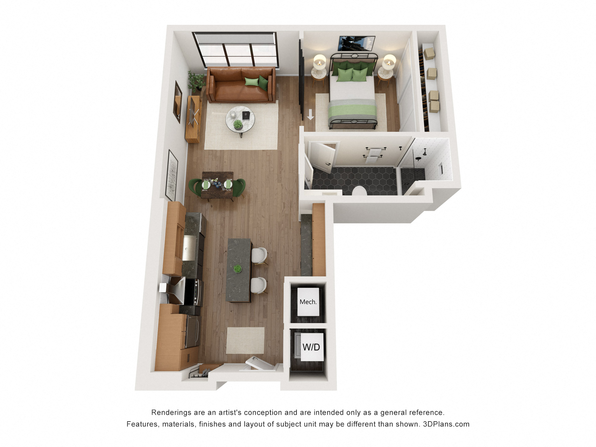 Floor plan for 1 bed, 1 bath, 651 sqft